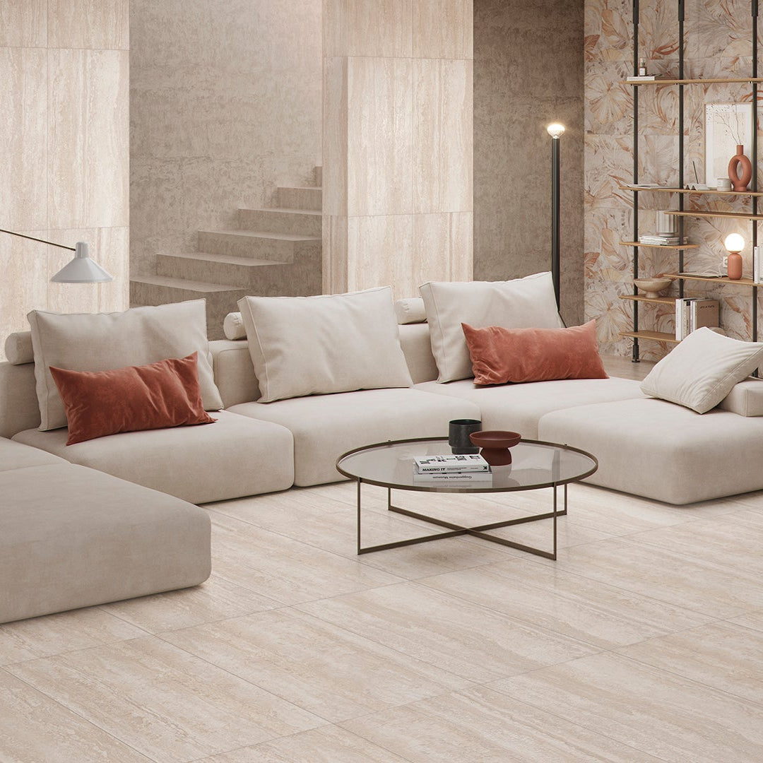 Tivoli Soft Ivory Porcelain Tile with Travertine Effect, 60x120 cm
