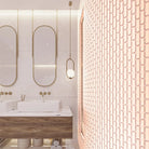 The Sevilla Mosaic Tiles, Oval design in pink, with a size of 23x98mm. Installed on a curved wall shower area within a bathroom. A vanity with a double sink basin set up with two mirrors mounted above to the left.